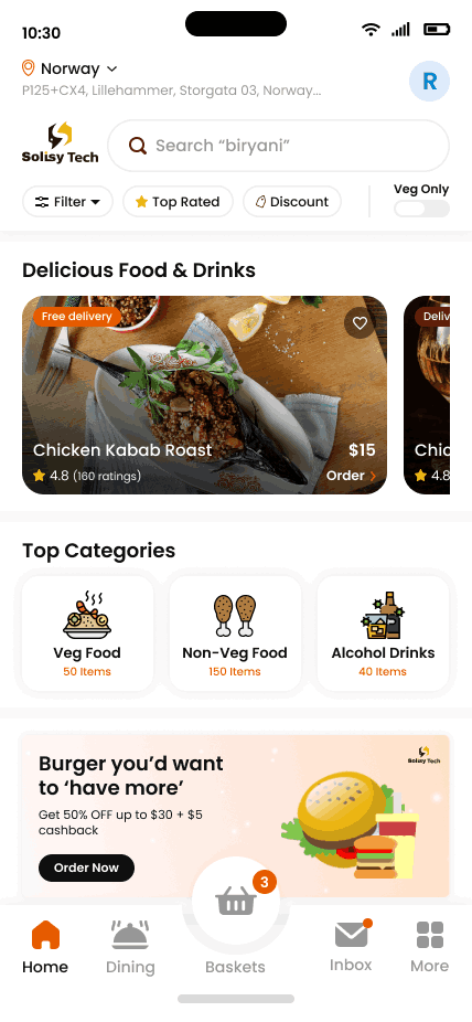 Home screen for Food Delivery App UI/UX Design