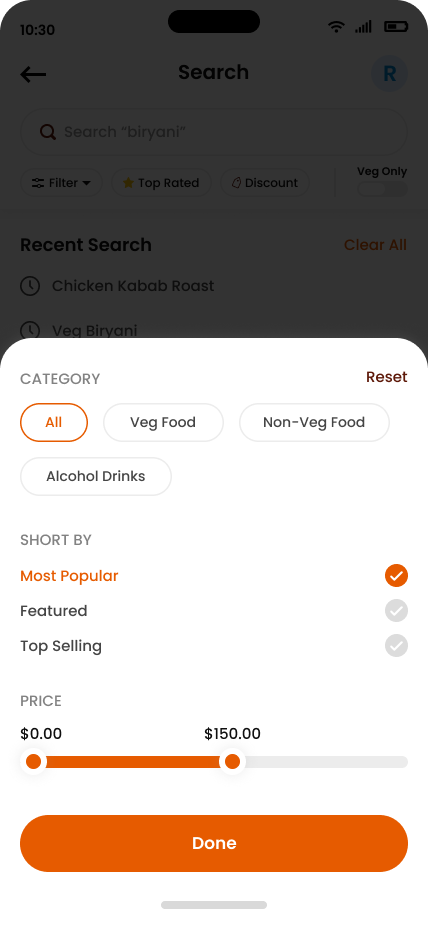 Search filter option in Food Delivery App UI/UX Design